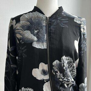 Vero Moda Black-Grey Floral Crepe Lined Bomber Jacket with Rib-Knit Trims – EU M